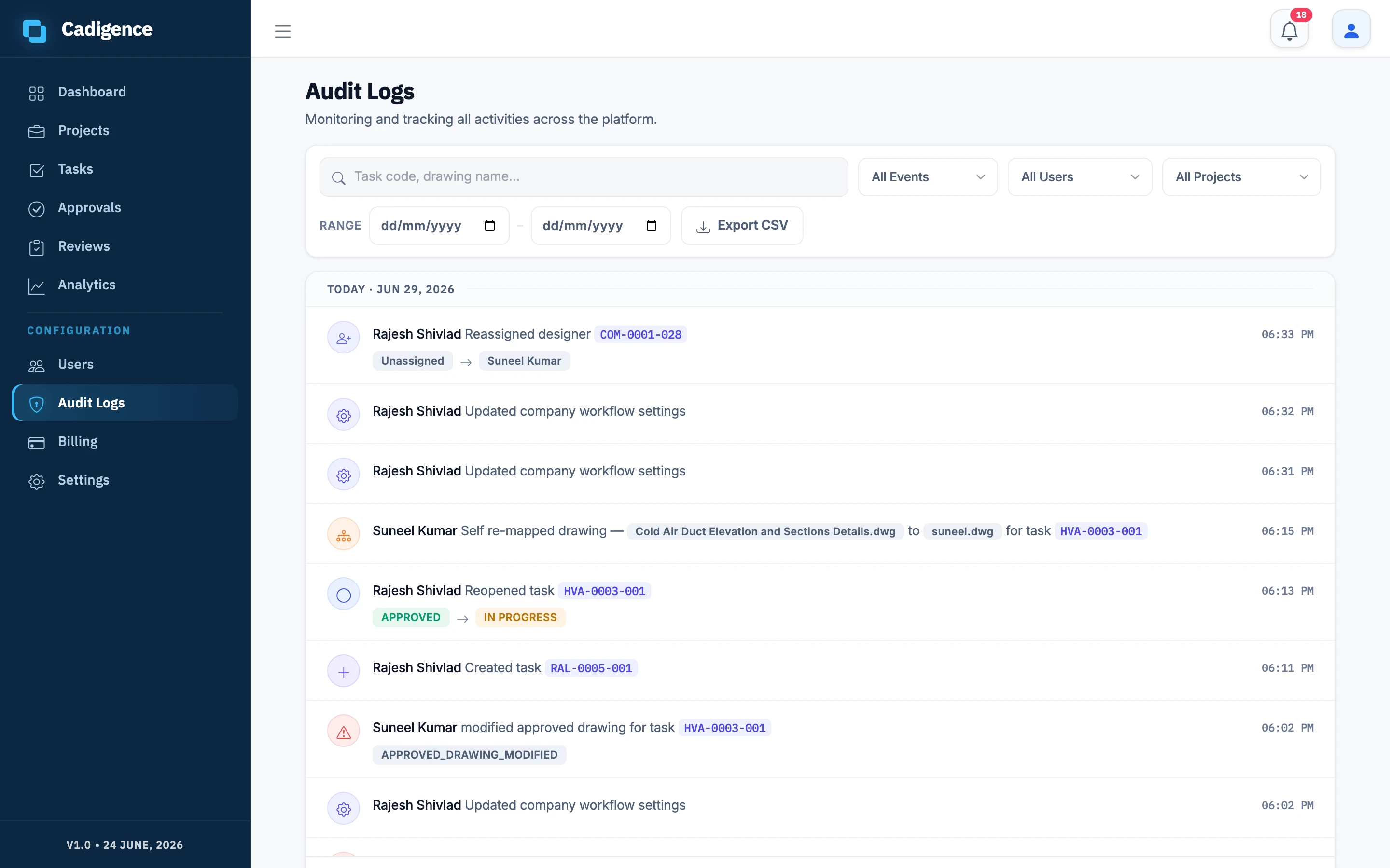 Cadigence audit log listing timestamped submissions, approvals, level hand-offs, and revision events
