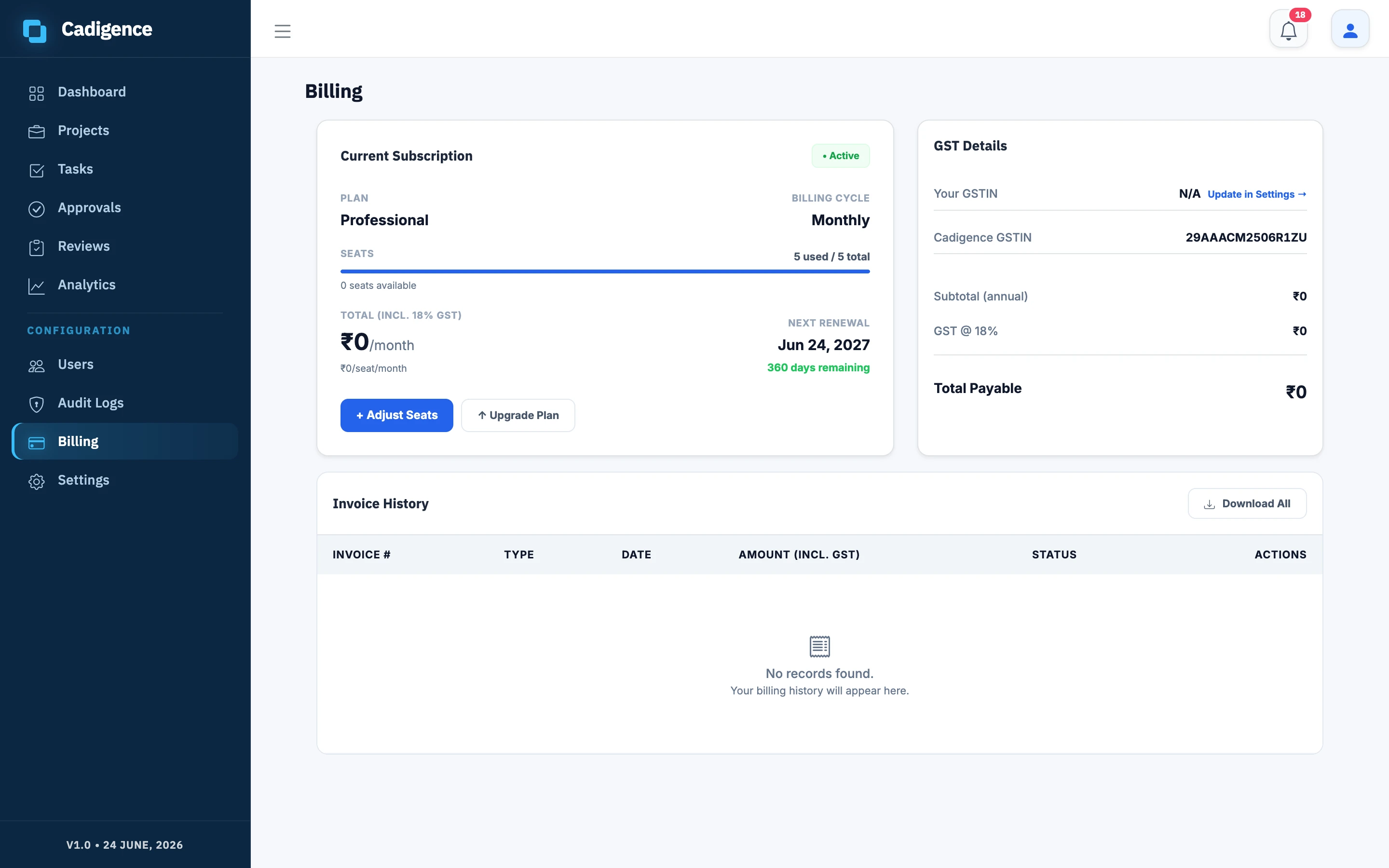The Billing screen, current subscription, seat usage, GST details, and invoice history