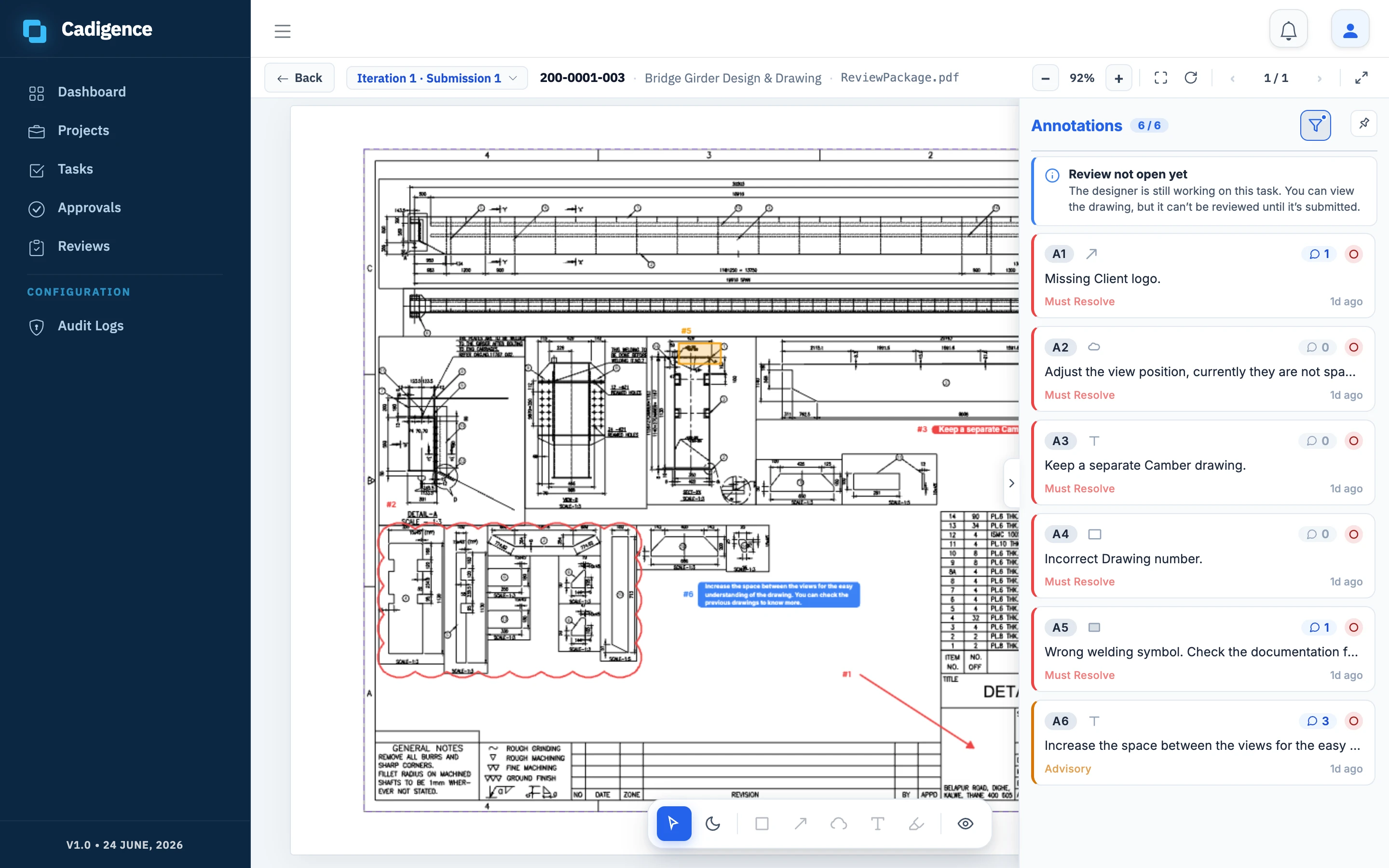 The web PDF viewer, markup tools, comments pinned to the drawing, and the annotations panel showing severity