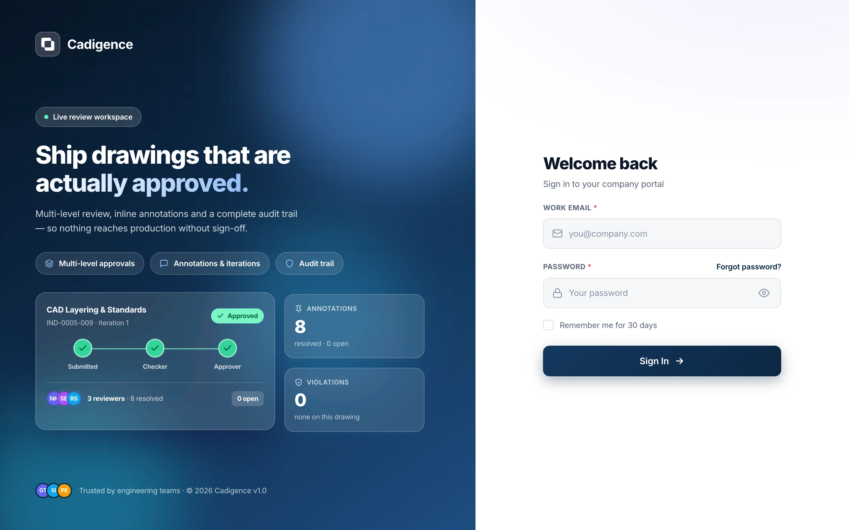 The Cadigence web portal sign-in screen
