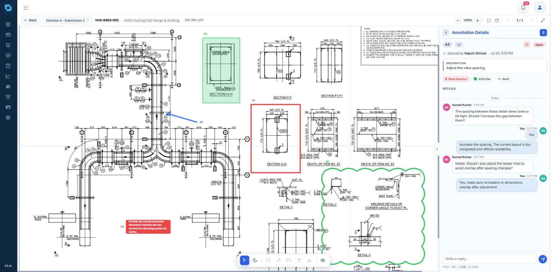 Cadigence in-browser drawing viewer with reviewer markups pinned on the drawing and an open annotation showing its description, must-resolve severity, and comment thread