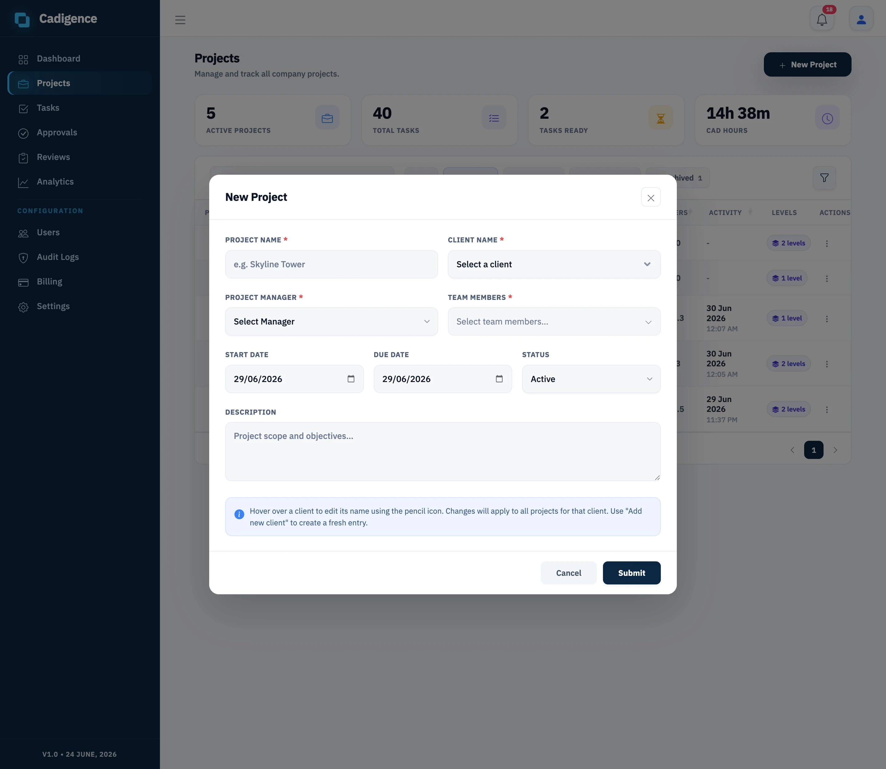 Creating a new project, name, client, manager, team members, dates, and status