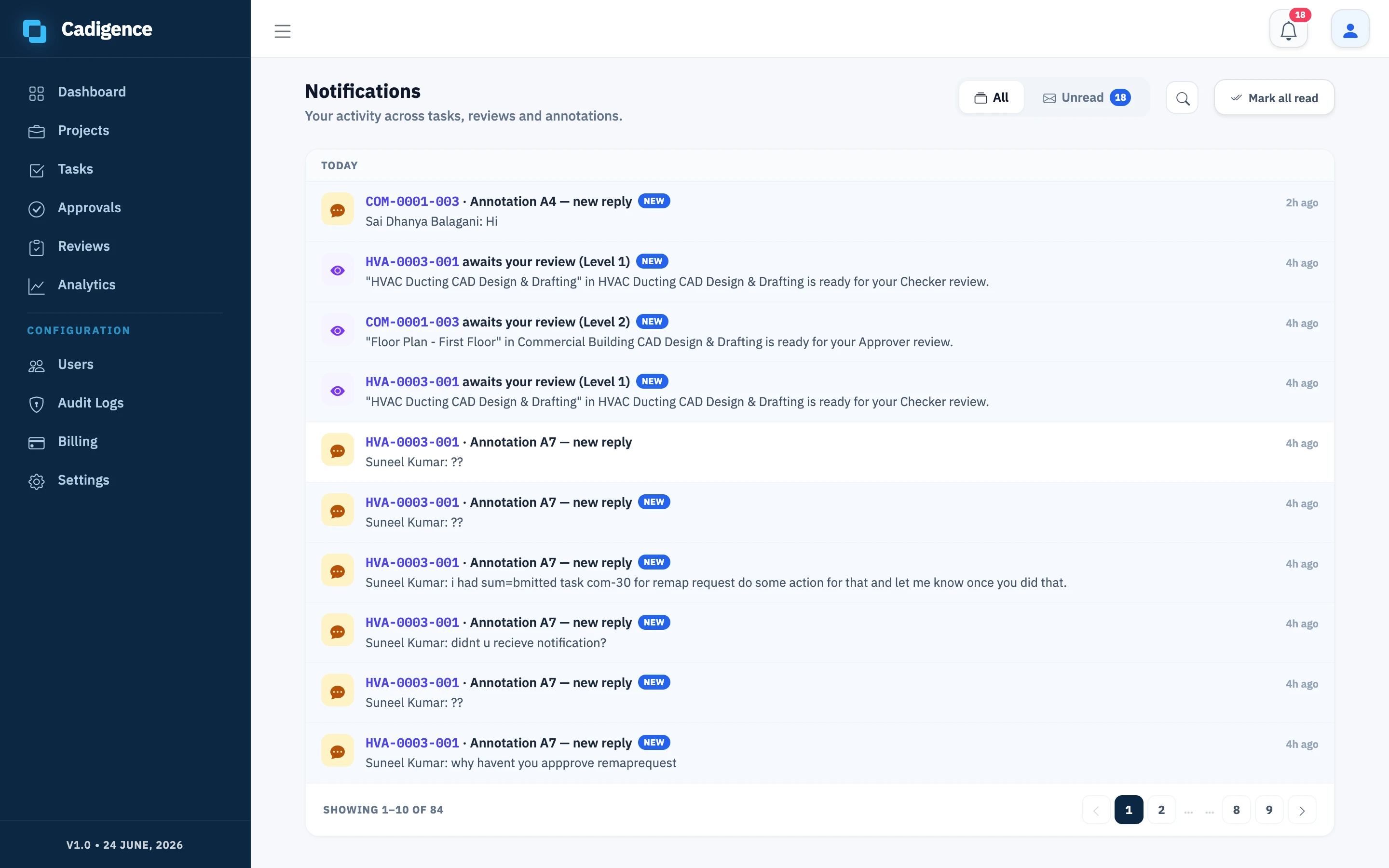 The notifications feed in the web portal, reviews awaiting you, replies, and annotation activity