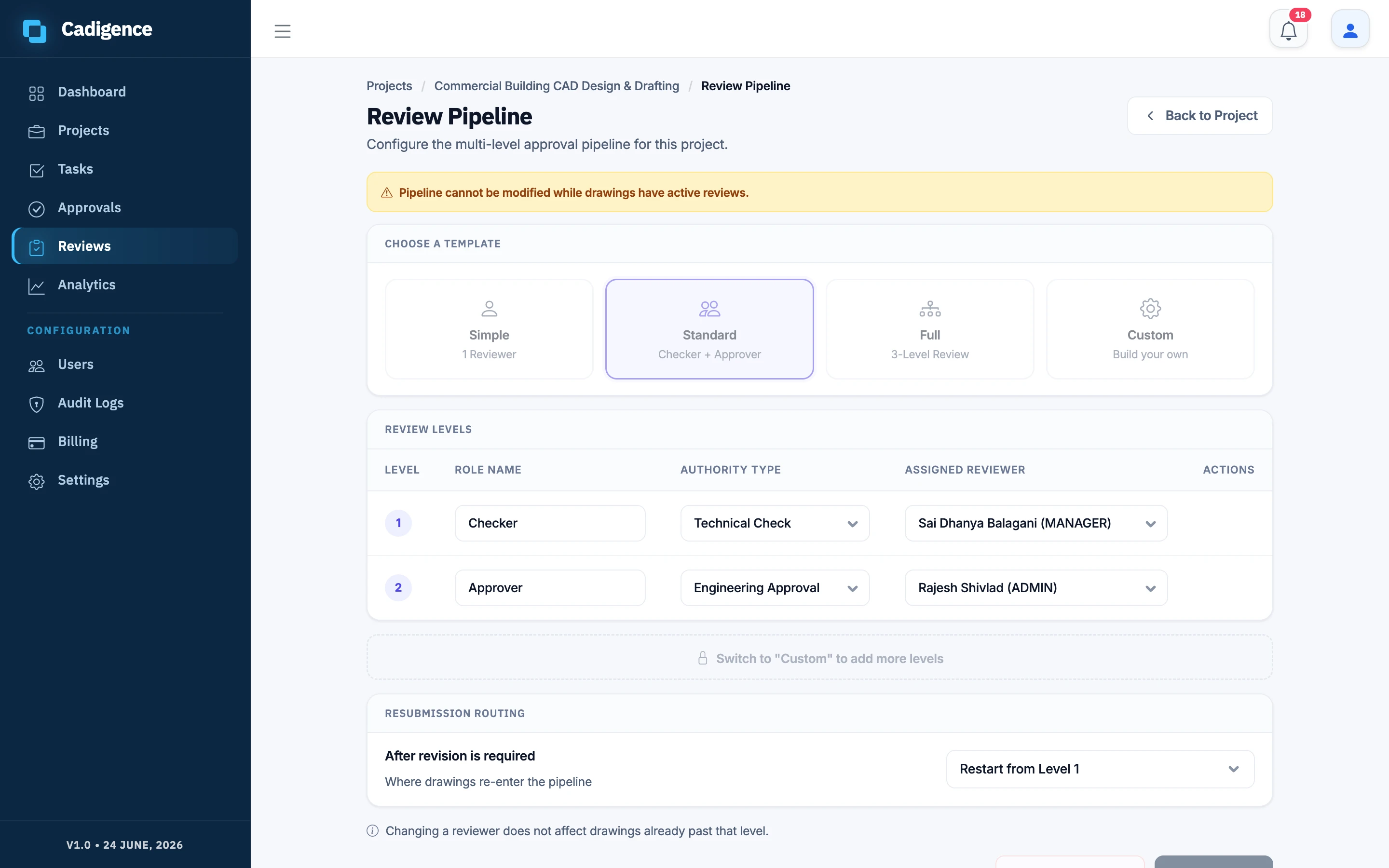 Configuring a project's review pipeline, templates, levels, authority types, and assigned reviewers