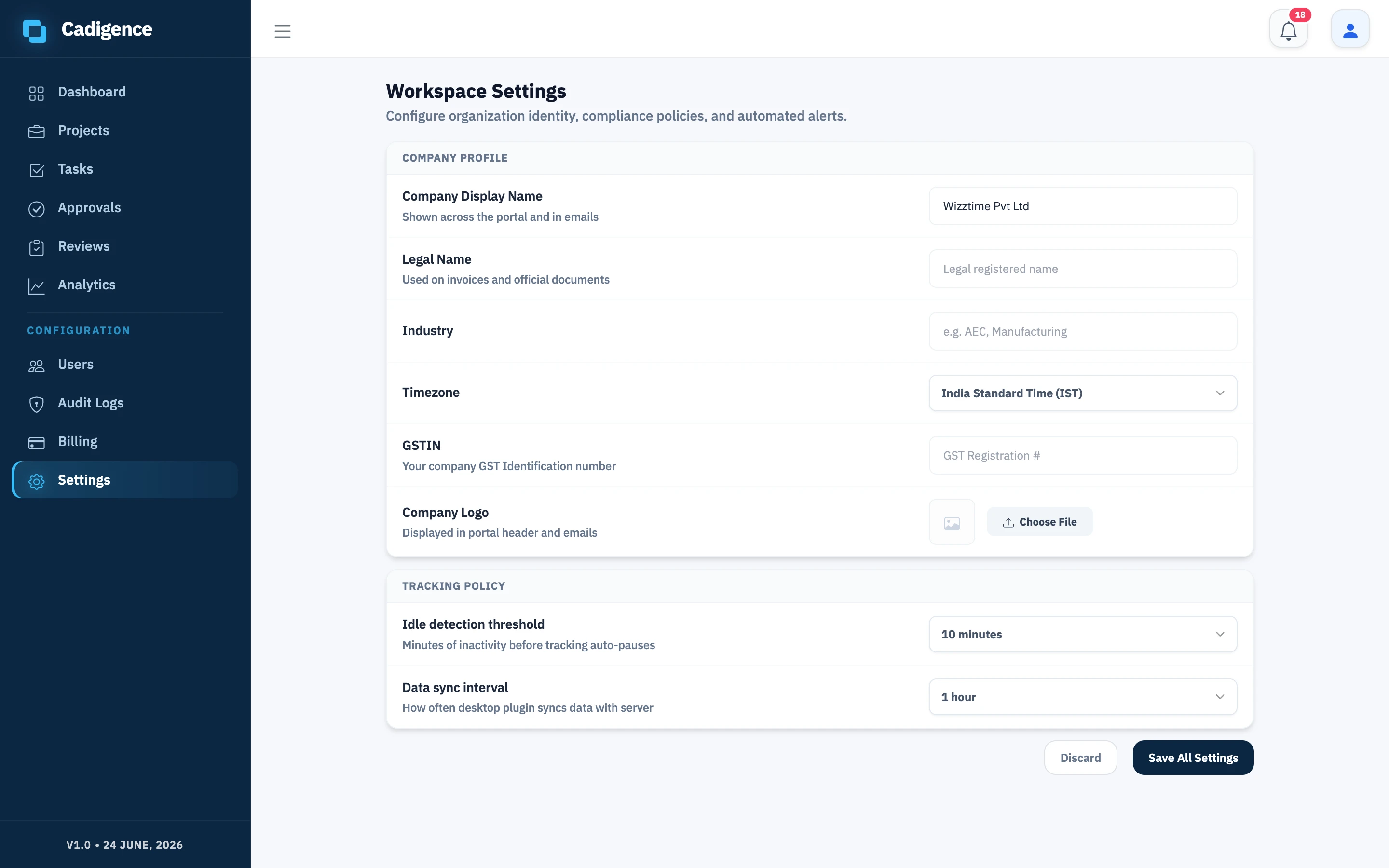 Workspace settings, company profile, time zone, and tracking policy