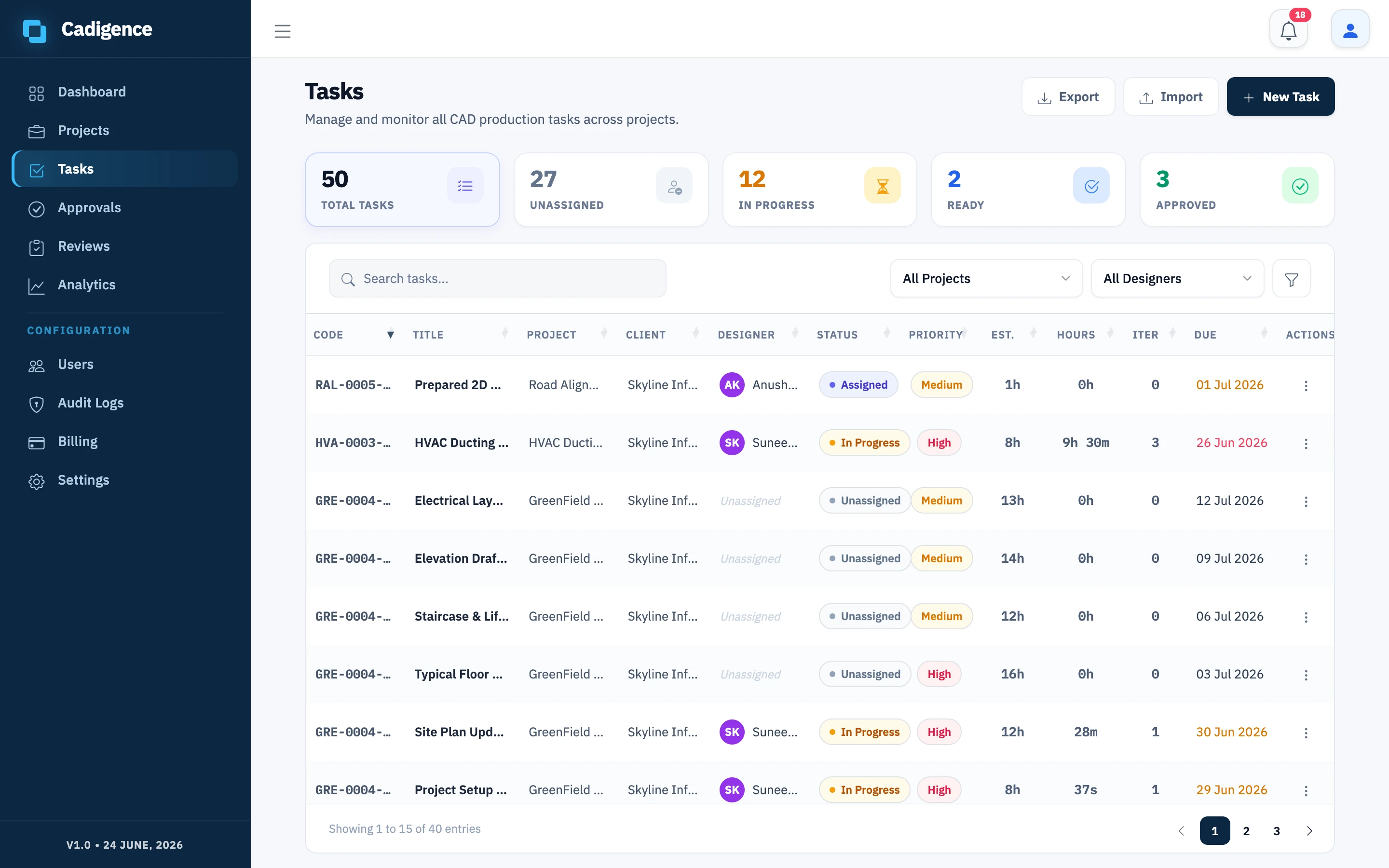 The Tasks screen, every drawing's task across projects, with status, estimated vs. actual hours, and iterations