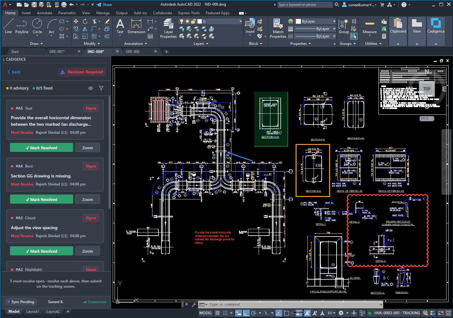 An engineering drawing open in AutoCAD with review comments pinned to the exact spots as red and green markups, alongside the Cadigence panel listing the must-resolve comments