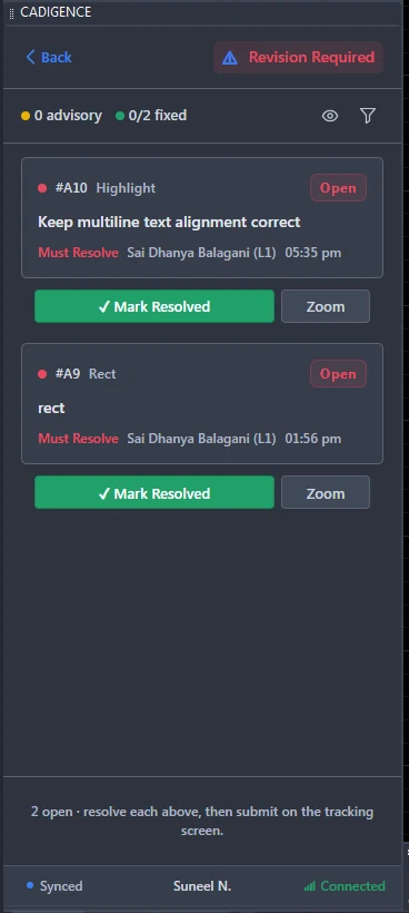 The Cadigence panel docked in AutoCAD listing returned review comments, each tagged must-resolve, with Mark Resolved and Zoom buttons